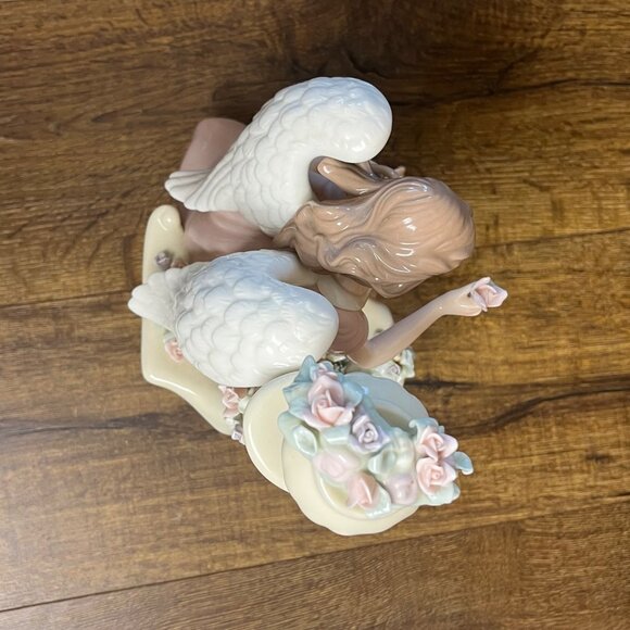 Porcelain Vintage Angel Figurine Seated on Bench Flowers & Dove - Picture 9 of 11